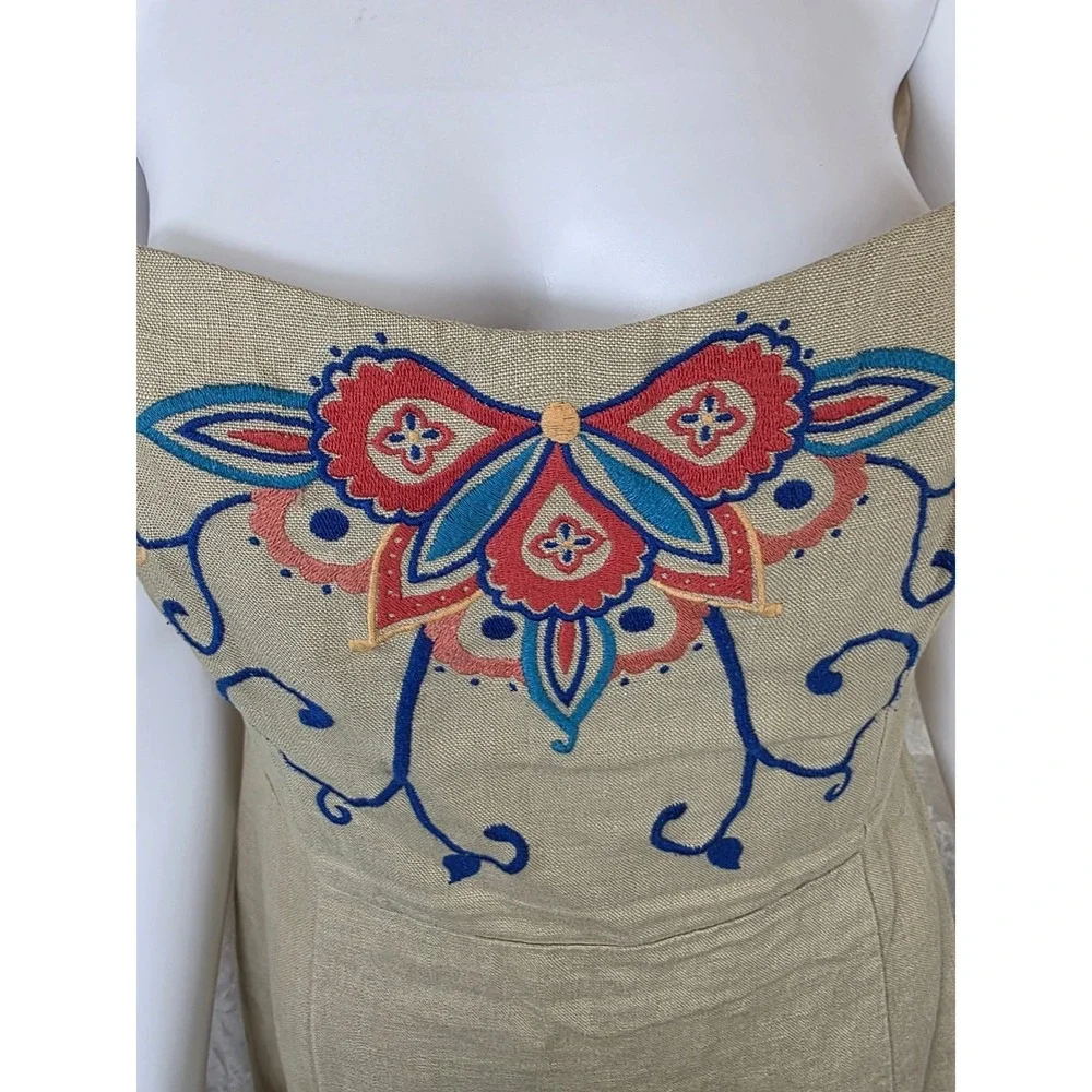 Banana Republic Strapless Embroidered Linen Dress Tan Floral Size 8‎ Boho Sheath